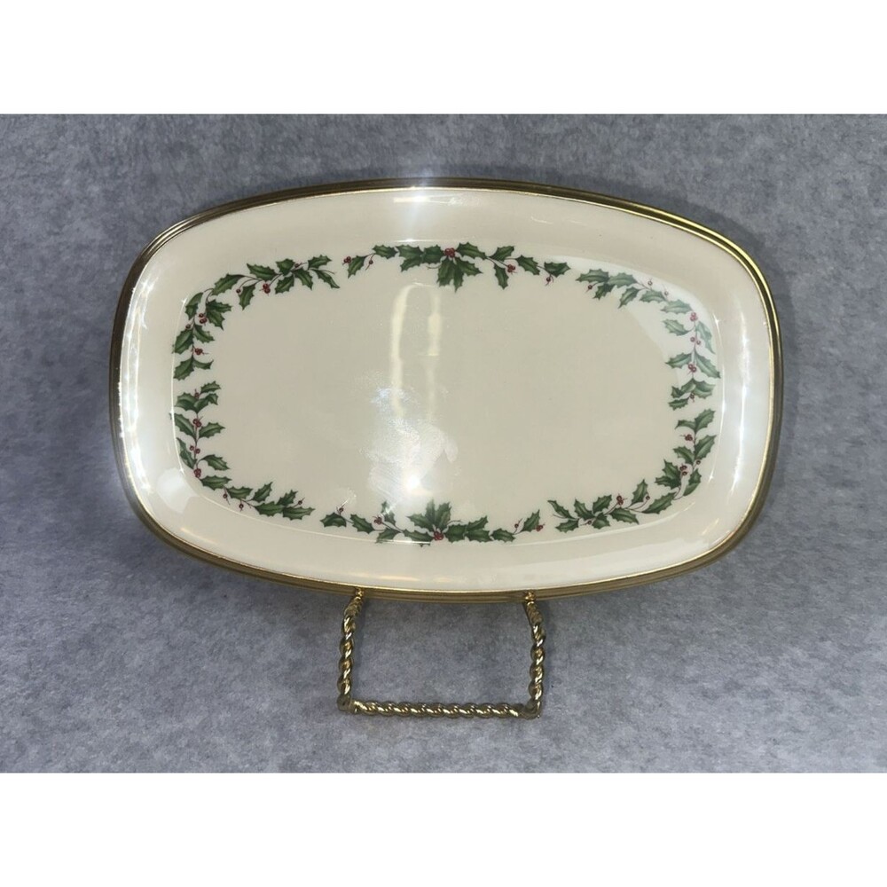 Lenox Holiday 10” Relish Tray Vintage Under Plate Holly Berries 24K Gold EUC US